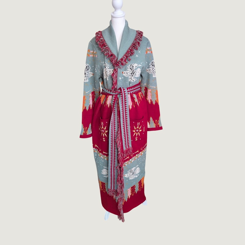 Hayley Menzies Drifters Longline Knitted Cardigan Wool Fringed Duster Red Medium